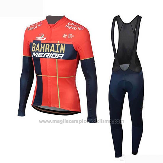 2019 Abbigliamento Ciclismo Bahrain Merida Rosso Manica Lunga e Salopette(2)